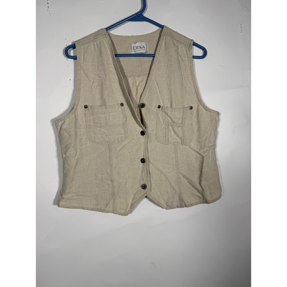 Erika Collection Womens Beige Button Front Utility Vest Pockets Neutral Size L